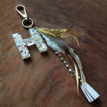 Load image into Gallery viewer, White & Gold Letter Feather Charm/Keychain