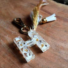 Load image into Gallery viewer, White & Gold Letter Feather Charm/Keychain