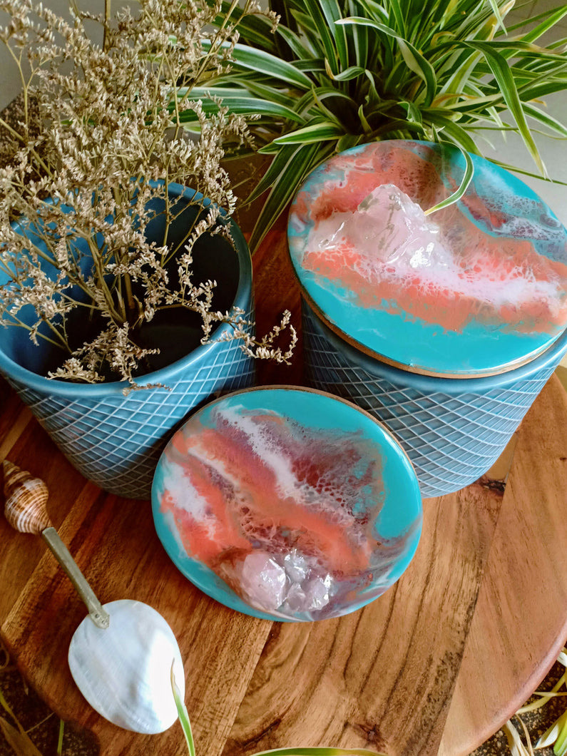 Cerulean Scapes - Ceramic Cookie Jar Set of 1 (With Natural Rose Quartz Crystal)