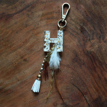 Load image into Gallery viewer, White &amp; Gold Monogram Feather Charm/Keychain