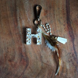White & Gold Monogram Feather Charm/Keychain